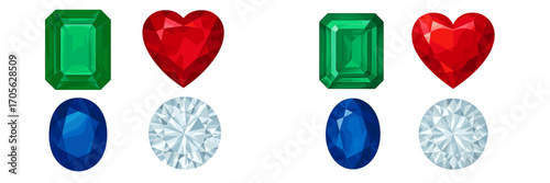 Collection of faceted gemstones in various shapes and vibrant colors including emerald, ruby, sapphire, and diamond