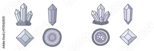 Collection of stylized mineral formations including crystal clusters, individual gemstones, and polished geode slices