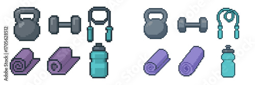 Pixel art fitness gear set with kettlebells, dumbbells, jump ropes, yoga mats, and bottles