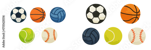 Assorted sports balls collection: soccer, basketball, volleyball, tennis, baseball