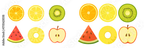 Low poly fruit slices assortment: orange, lemon, kiwi, watermelon, pineapple, apple