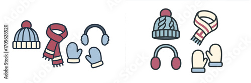 Assortment of colorful winter clothing accessories featuring knitted hats, warm scarves, cozy mittens, and protective earmuffs