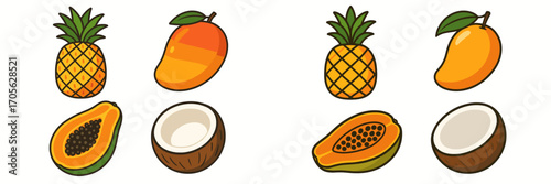 Collection of fresh tropical fruits including pineapple, mango, papaya, and coconut on white background