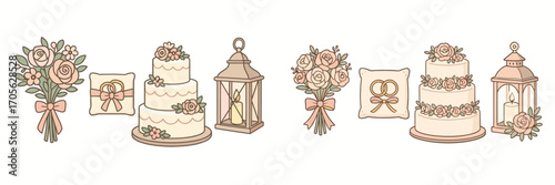 Elegant wedding celebration elements including floral bouquets, tiered cake, ring pillow, and decorative lantern