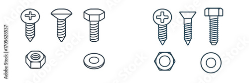 Assorted screws, nuts, and washers in minimalist line art style