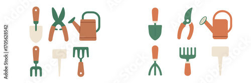 Gardening tools icons: trowel, pruners, watering can, rake, plant marker
