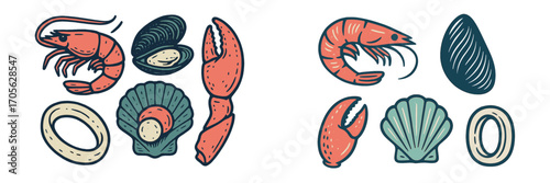 Stylized seafood icons: shrimp, mussels, scallops, crab claws