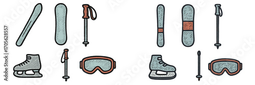 Winter sports gear icons: skis, snowboards, skates, and goggles