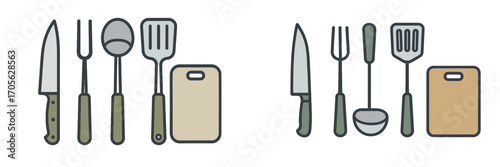 Kitchen Utensils Set: Knife, Fork, Ladle, Spatula, Cutting Board
