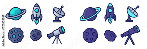 Space exploration and astronomy icons: planets, rockets, telescopes, satellites
