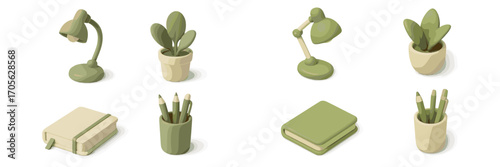 Assorted desk accessories in pastel tones, including plants, lamps, and stationery