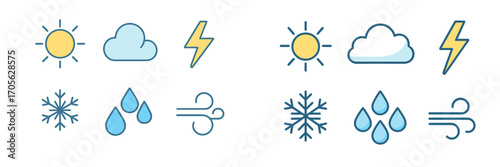 Weather icons for sun, cloud, lightning, snowflake, rain, and wind