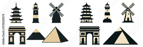 Famous global landmarks and structures in silhouette