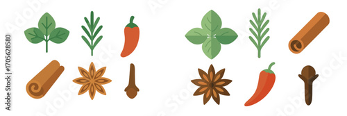 Flat design icons of culinary herbs and spices like cinnamon, star anise, and chili