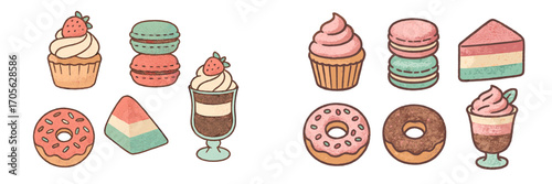 Assortment of colorful sweet desserts and pastries with pastel colors