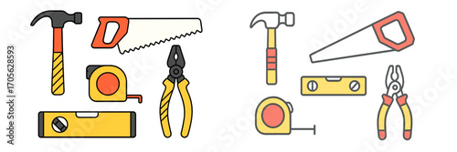 Assorted construction and DIY tools like hammers, saws, tape measures, pliers, and levels