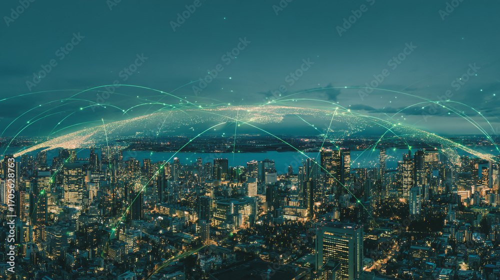 Obraz premium Twilight a city of modern business and smart digital innovation with a network of interconnected rewards over the cityscape of the future smart wireless digital city and social media network