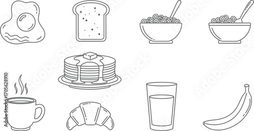 Line art illustration of breakfast food items
