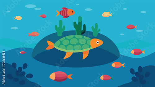 Peaceful underwater oasis with small fish playing among coral reefs and plants