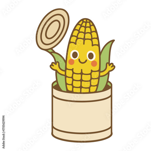 A cute, smiling corn character popping out of a can, symbolizing canned food or agricultural products. A playful, fun illustration perfect for food packaging or grocery themes.