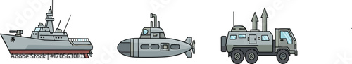 Cartoon military vehicles including a warship, submarine, and truck sit in a row, representing defense and transportation capabilities in a simple, playful style.