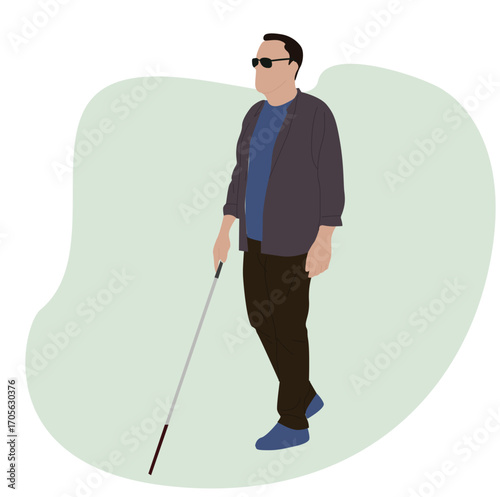 blind man. blind Caucasian man in dark glasses with a walking cane,