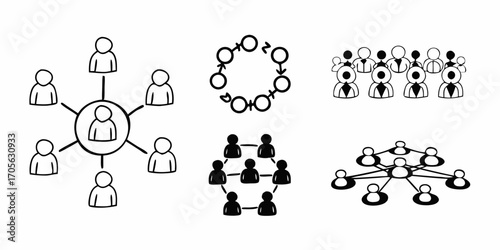 Illustration of different social networking structures and organizational connections in black and white