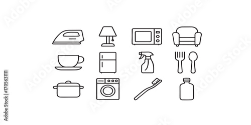 Print  Black and white vector icon set of everyday household objects – simple line art, smooth outlines, minimal stroke paths, isolated on white background, fully editable  vector for commercial