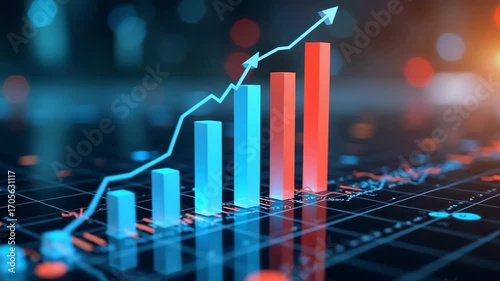 rising bar chart with arrow shows financial growth, digital business graph on futuristic dark background, concept of finance, investment, stock market analytics.