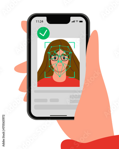 Verification ID is right vs wrong of Verification ID using system of face recognition and personal ID. The concept is take a photo by holding their own ID to get verified. Vector illustration.