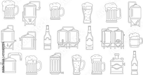 Detailed line art illustration depicting various beer brewing equipment and glassware, showcasing the brewing process and serving vessels