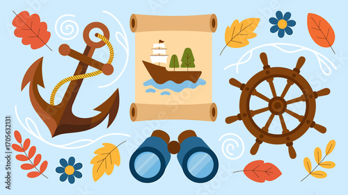 Marine Adventure Set with Anchor Ship Wheel Old Map and Binoculars Vector