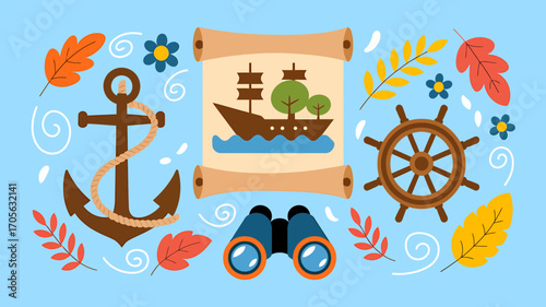 Nautical Adventure Set with Anchor Ship Wheel Map and Binoculars Vector