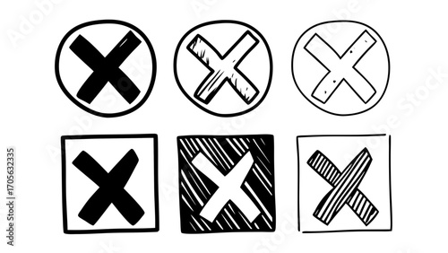 Hand drawn x marks in circles and squares with varying styles and line weights in a black and white image