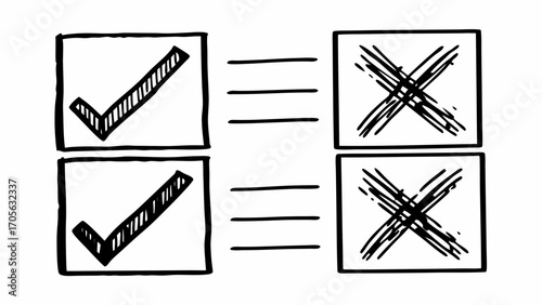 Two pairs of boxes with check marks and x marks connected by horizontal lines in a hand drawn style