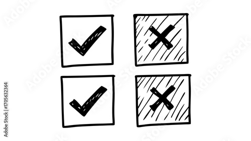 Hand drawn check marks and crosses in square boxes representing choices and decisions in black and white