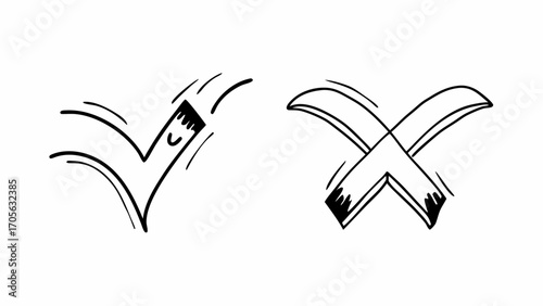 Hand drawn check mark and x mark symbols in black and white doodle style illustration vector design