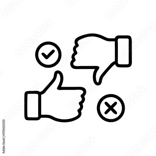 Thumbs up and thumbs down with check and x marks representing positive and negative feedback icons design
