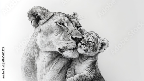 Lioness with cub pencil drawing on white background.