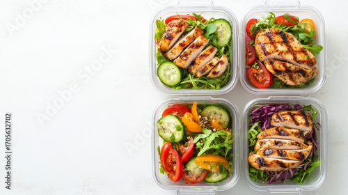 Grilled chicken salad meal prep in containers.