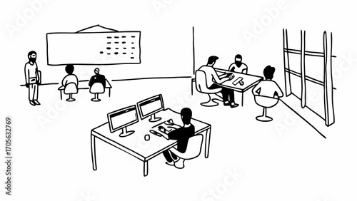 Illustration of an office space with people working at desks and attending a meeting around a table