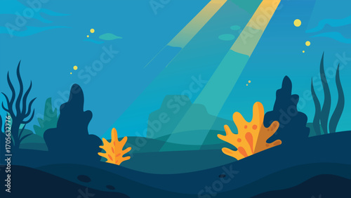 Peaceful underwater sunrise golden light through blue waters calm ocean waves vector illustration