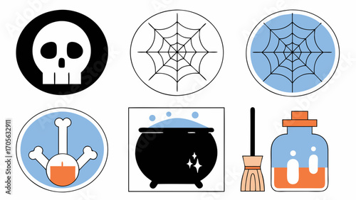 Illustration of halloween themed icons including skull, spiderweb, potion, bones, cauldron and broomstick