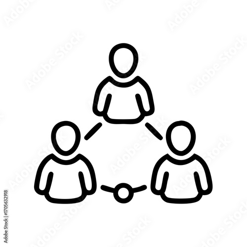 Illustration of a network with three people connected by lines and a central node in black outline