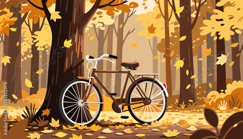 A bicycle parked next to a tree in a colorful autumn park