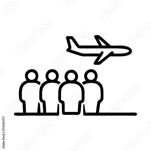 Iconic representation of a group of people waiting for an airplane departure in simple black outline style