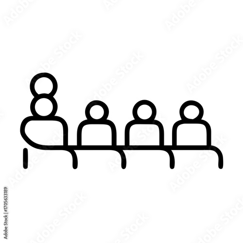 A group of people sitting in a row with one person having a stack of circles above their head icon style