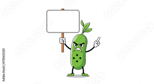 Angry pickle character holding a blank protest sign and making a peace sign.