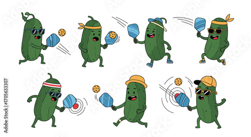 Cute pickle characters playing pickleball having fun outdoors.