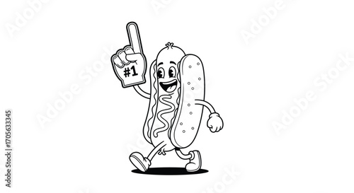 Happy cartoon hot dog character walking and wearing a foam finger.